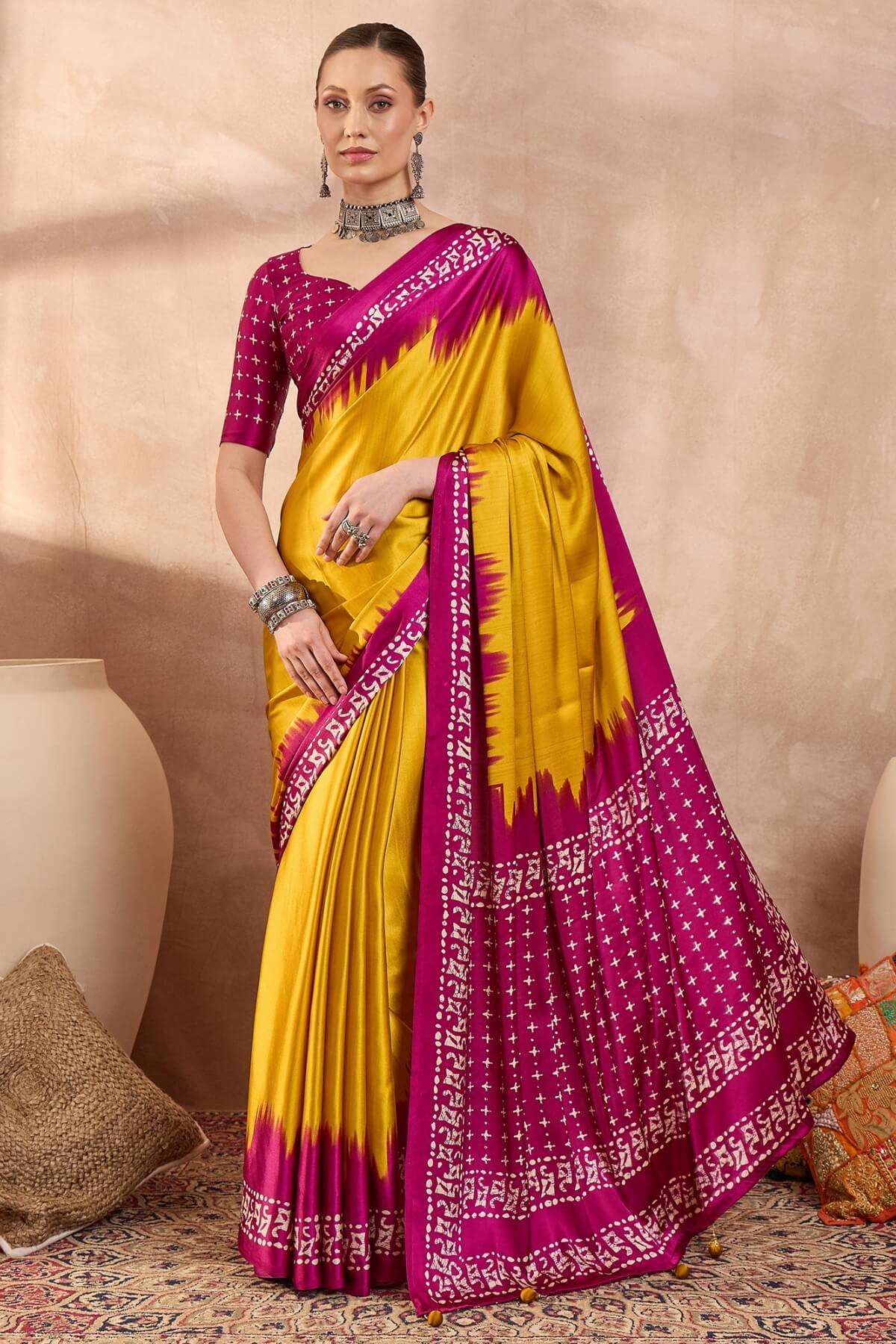 Panoply Yellow Ajrakh Printed Semi Modal Silk Saree With Seraglio Blouse Piece