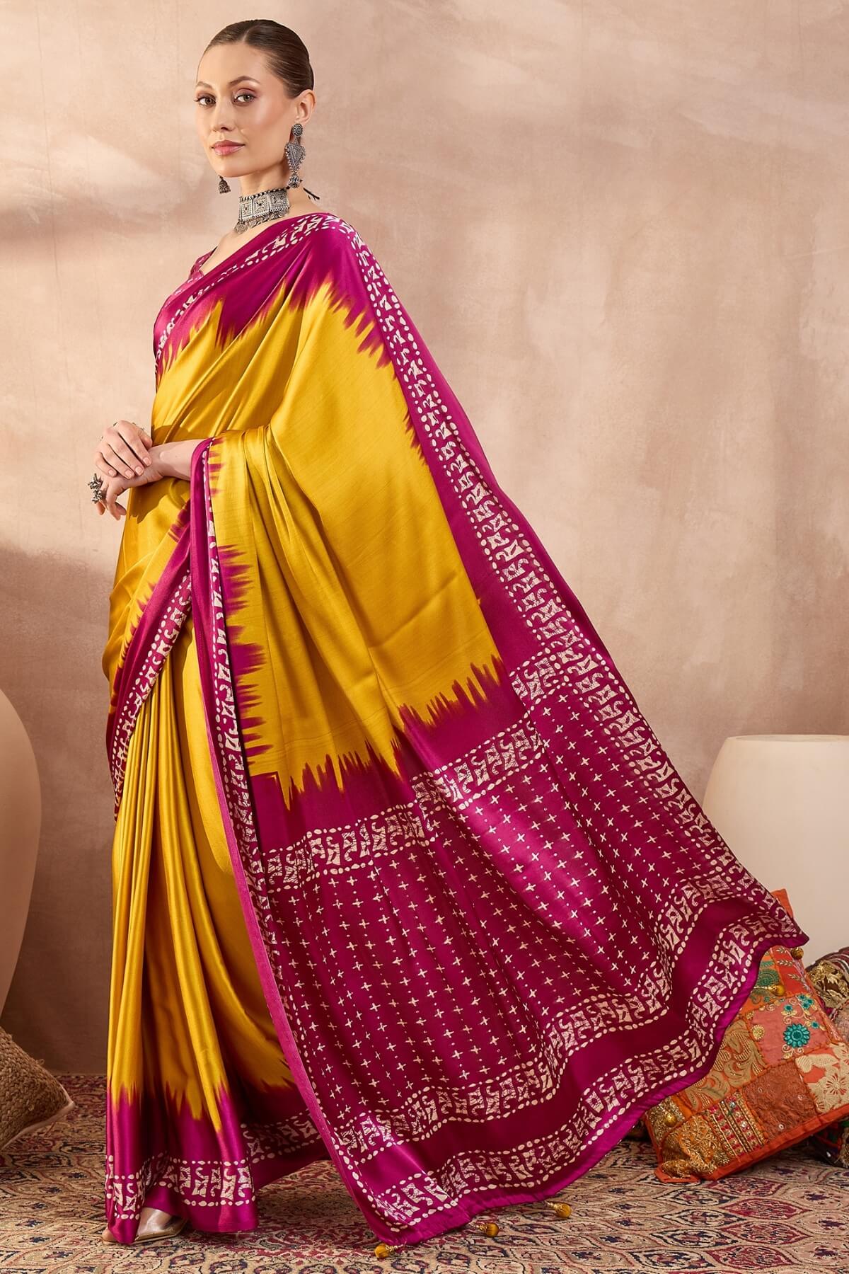 Panoply Yellow Ajrakh Printed Semi Modal Silk Saree With Seraglio Blouse Piece