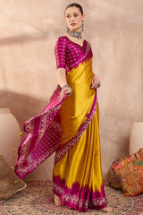Panoply Yellow Ajrakh Printed Semi Modal Silk Saree With Seraglio Blouse Piece
