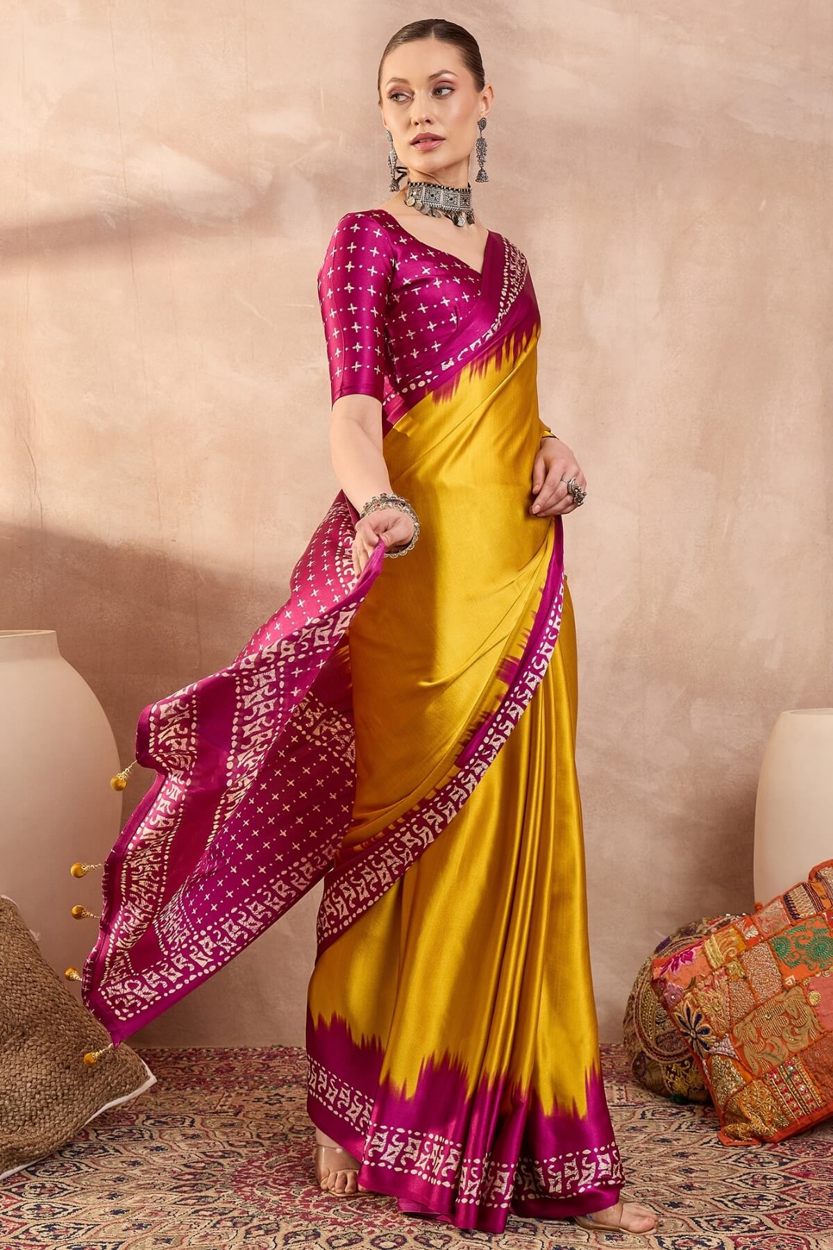 Panoply Yellow Ajrakh Printed Semi Modal Silk Saree With Seraglio Blouse Piece