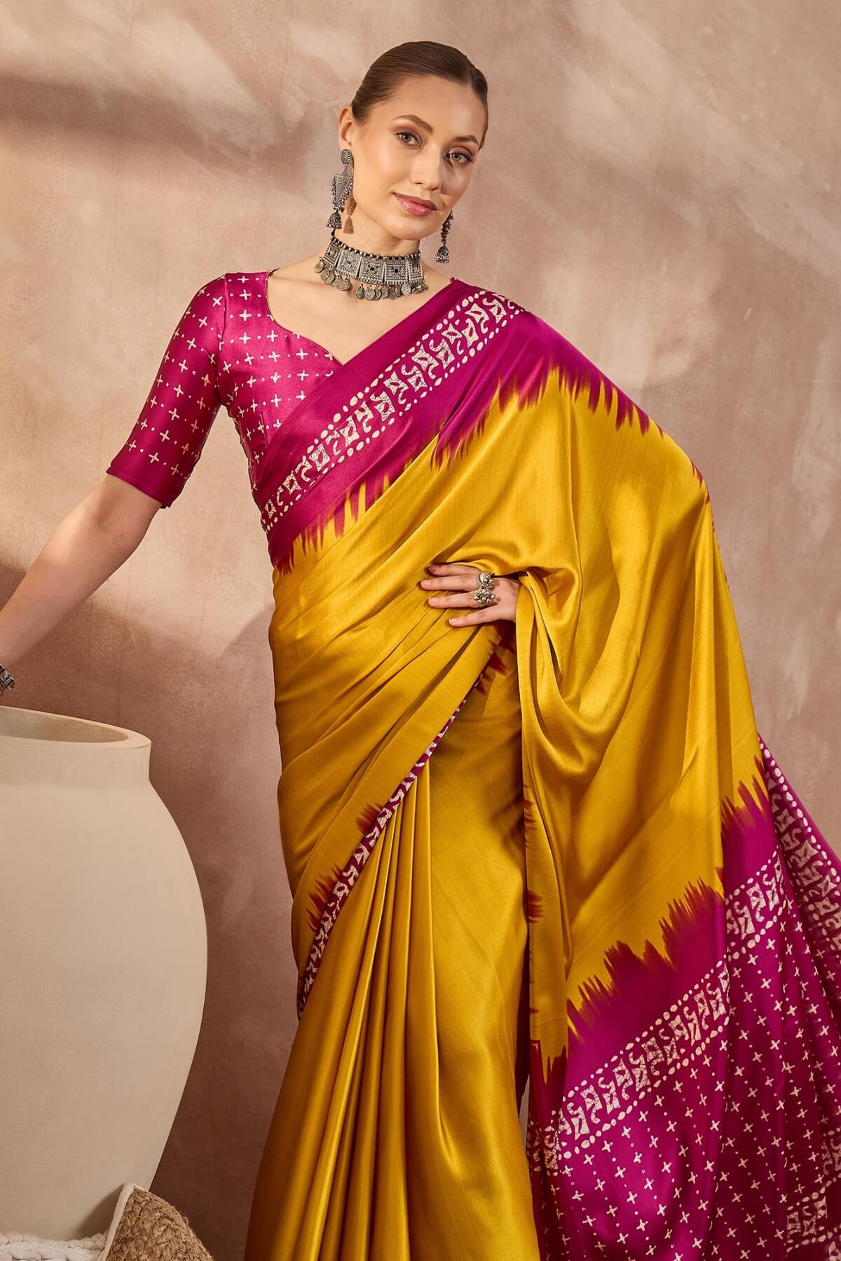 Panoply Yellow Ajrakh Printed Semi Modal Silk Saree With Seraglio Blouse Piece