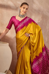 Panoply Yellow Ajrakh Printed Semi Modal Silk Saree With Seraglio Blouse Piece