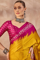 Panoply Yellow Ajrakh Printed Semi Modal Silk Saree With Seraglio Blouse Piece