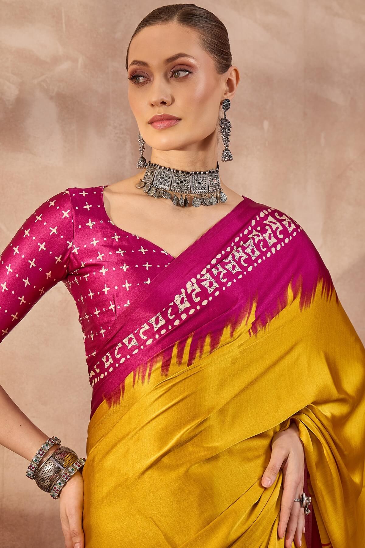 Panoply Yellow Ajrakh Printed Semi Modal Silk Saree With Seraglio Blouse Piece