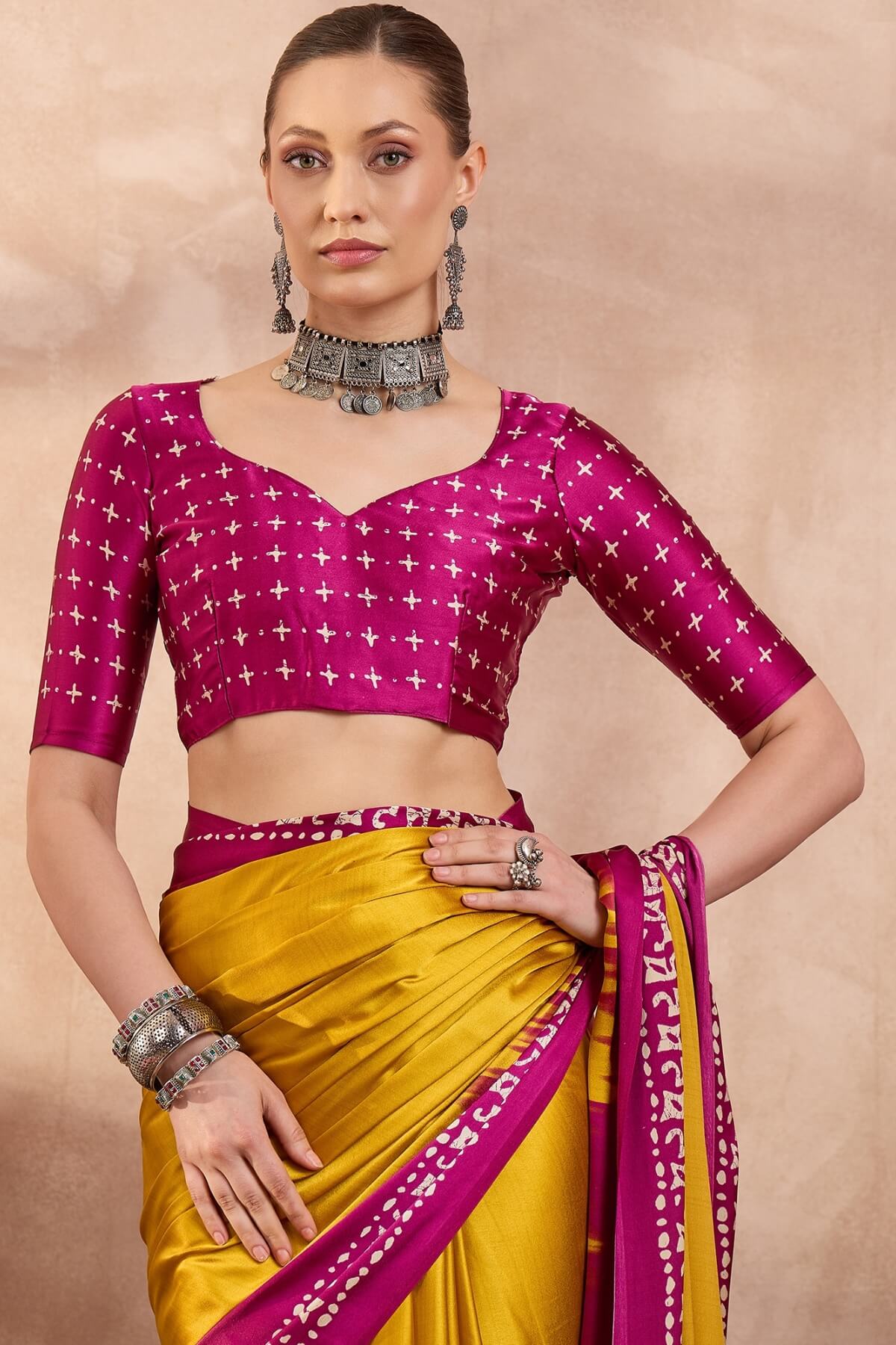 Panoply Yellow Ajrakh Printed Semi Modal Silk Saree With Seraglio Blouse Piece