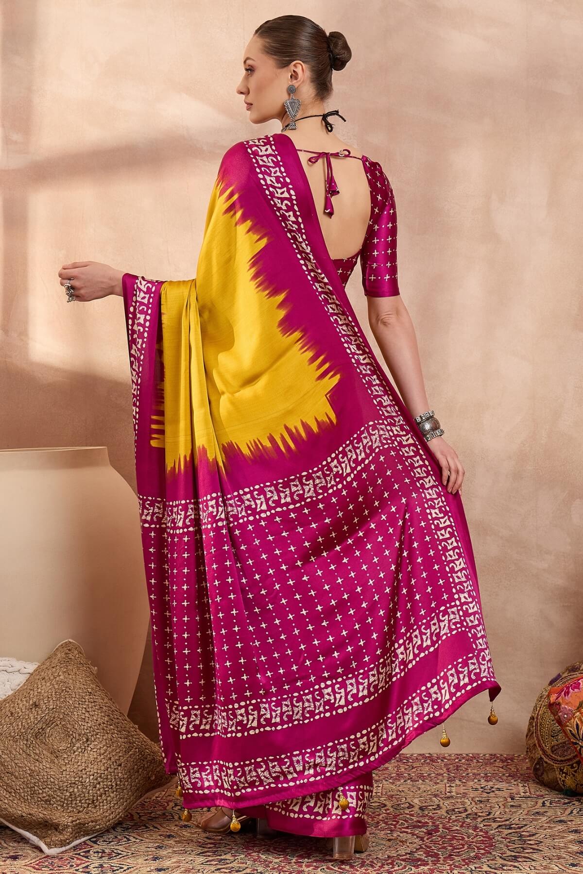 Panoply Yellow Ajrakh Printed Semi Modal Silk Saree With Seraglio Blouse Piece