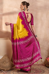 Panoply Yellow Ajrakh Printed Semi Modal Silk Saree With Seraglio Blouse Piece