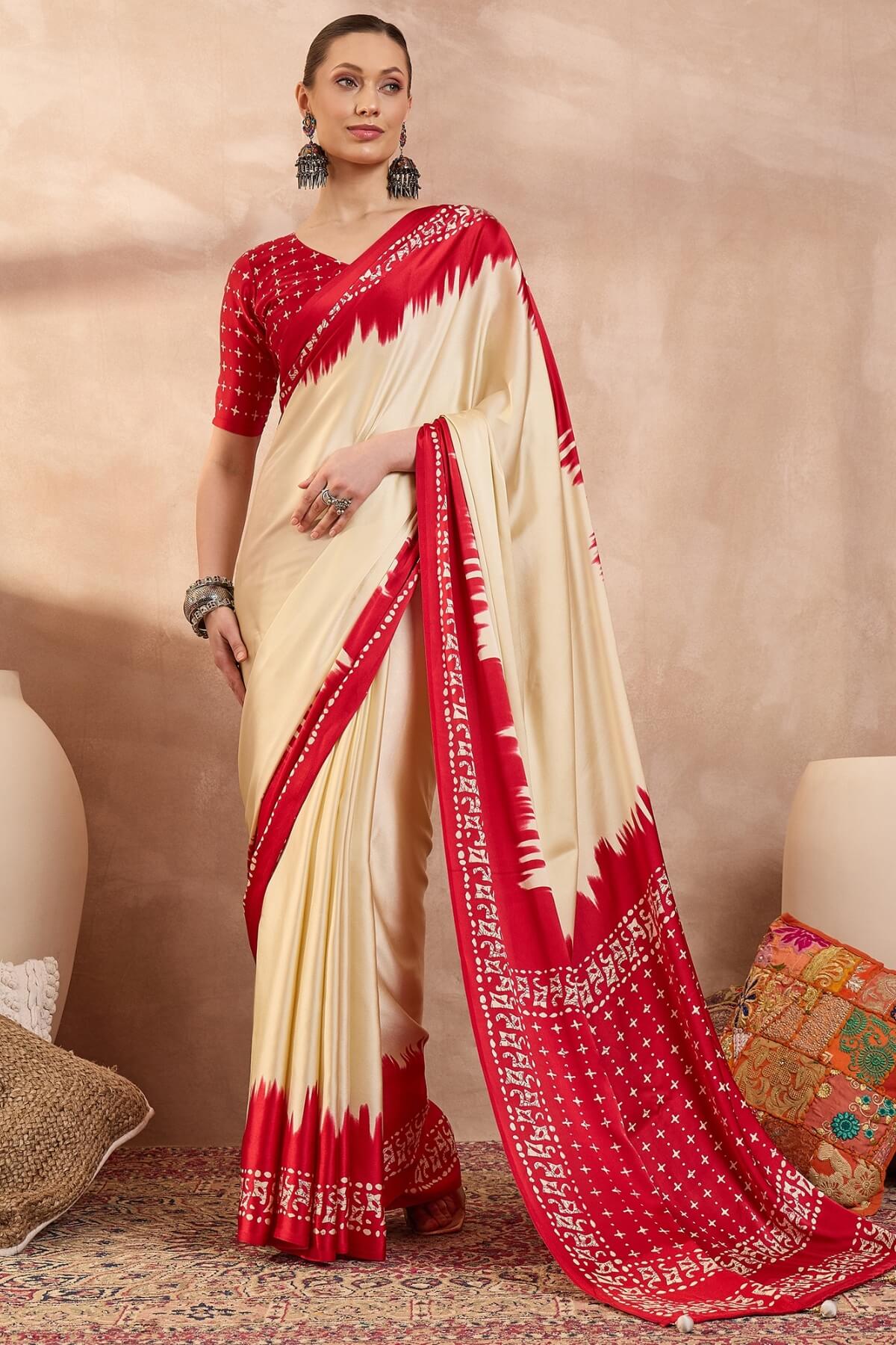 Adoring Beige Ajrakh Printed Semi Modal Silk Saree With Intricate Blouse Piece