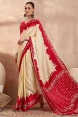 Adoring Beige Ajrakh Printed Semi Modal Silk Saree With Intricate Blouse Piece