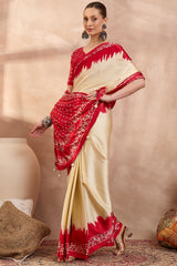Adoring Beige Ajrakh Printed Semi Modal Silk Saree With Intricate Blouse Piece