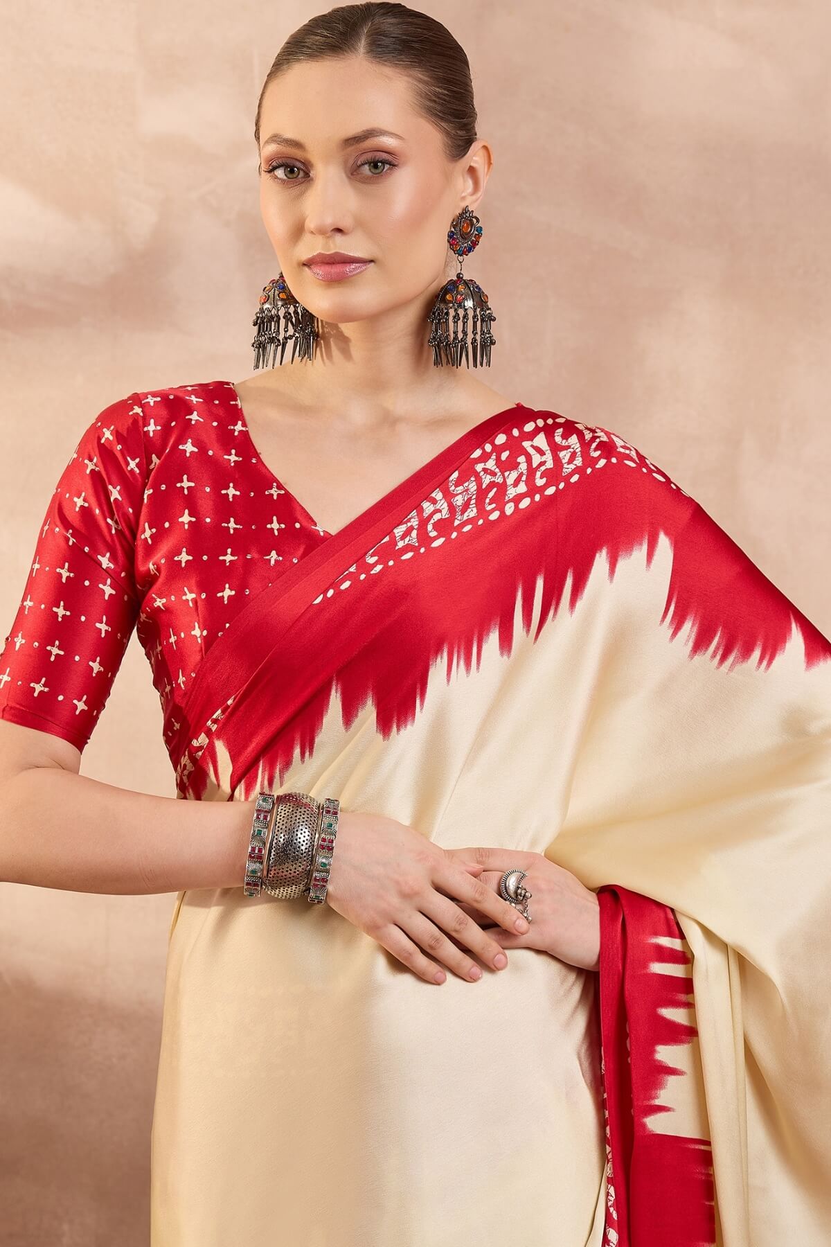 Adoring Beige Ajrakh Printed Semi Modal Silk Saree With Intricate Blouse Piece