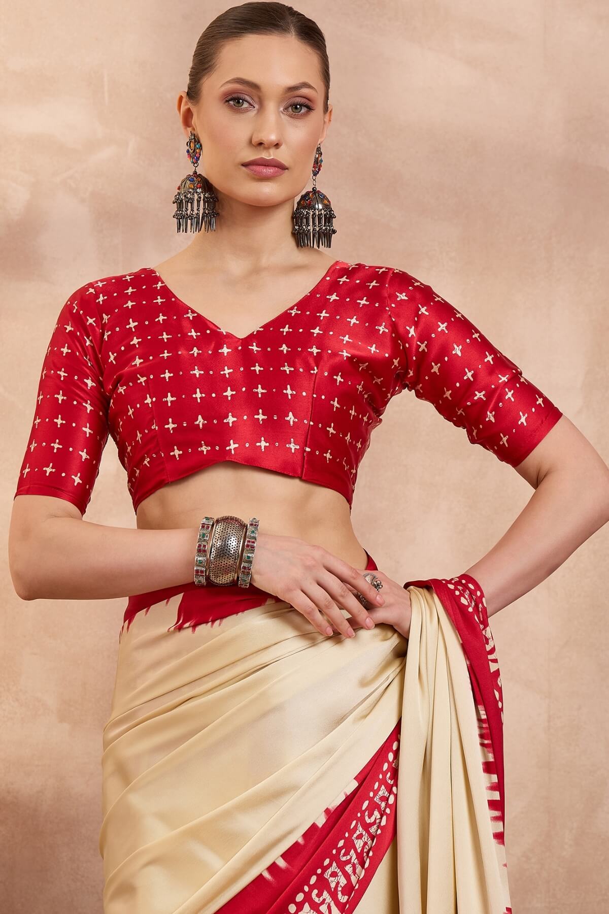 Adoring Beige Ajrakh Printed Semi Modal Silk Saree With Intricate Blouse Piece