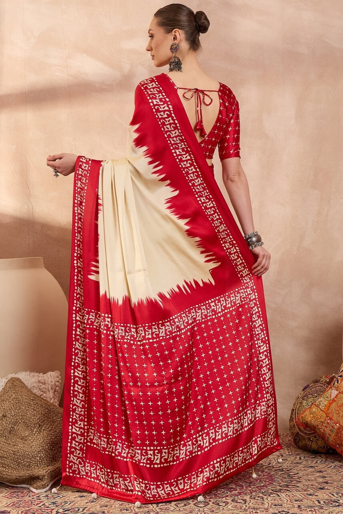 Adoring Beige Ajrakh Printed Semi Modal Silk Saree With Intricate Blouse Piece