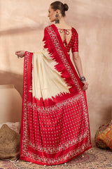 Adoring Beige Ajrakh Printed Semi Modal Silk Saree With Intricate Blouse Piece
