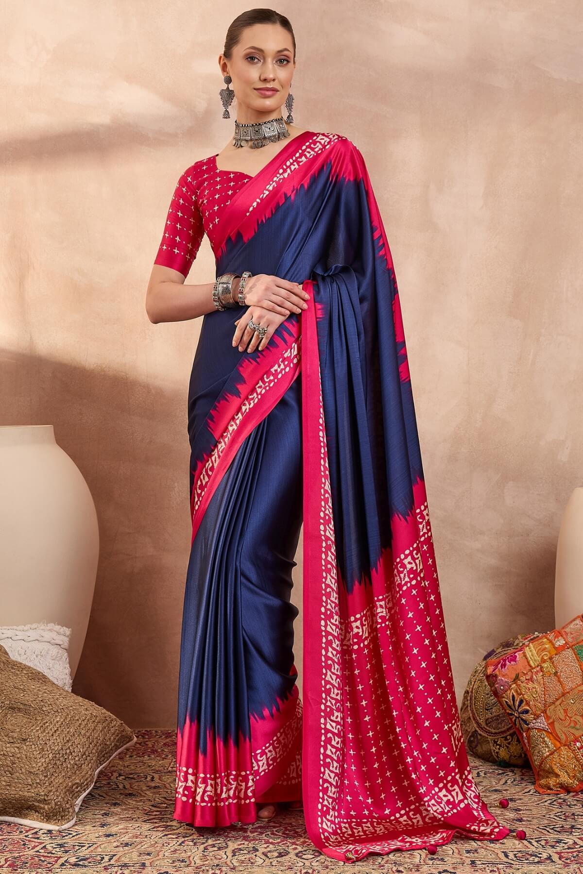 Confounding Navy Blue Ajrakh Printed Semi Modal Silk Saree With Panoply Blouse Piece