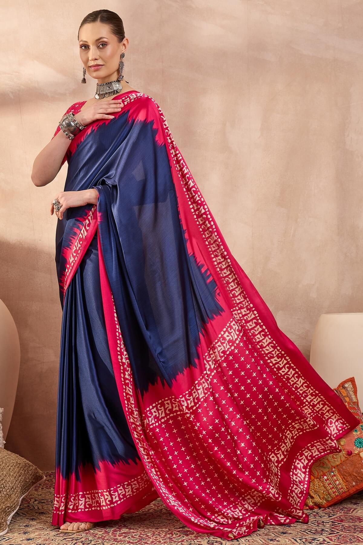 Confounding Navy Blue Ajrakh Printed Semi Modal Silk Saree With Panoply Blouse Piece