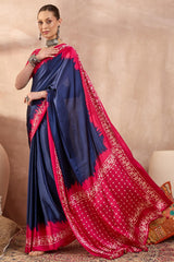 Confounding Navy Blue Ajrakh Printed Semi Modal Silk Saree With Panoply Blouse Piece