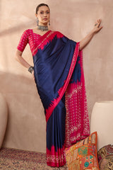 Confounding Navy Blue Ajrakh Printed Semi Modal Silk Saree With Panoply Blouse Piece