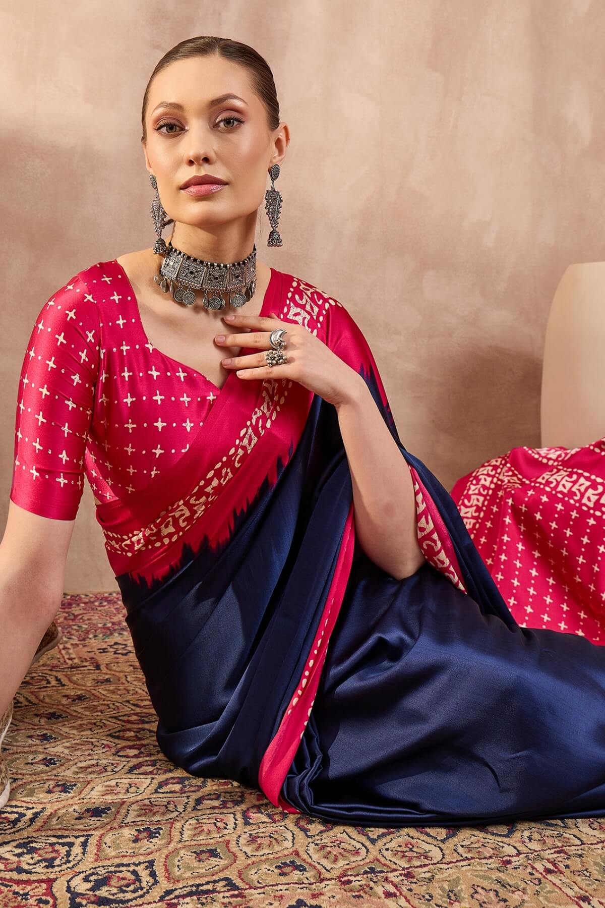Confounding Navy Blue Ajrakh Printed Semi Modal Silk Saree With Panoply Blouse Piece