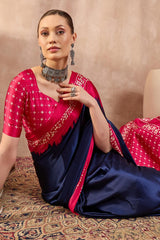 Confounding Navy Blue Ajrakh Printed Semi Modal Silk Saree With Panoply Blouse Piece