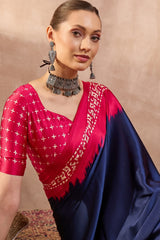 Confounding Navy Blue Ajrakh Printed Semi Modal Silk Saree With Panoply Blouse Piece