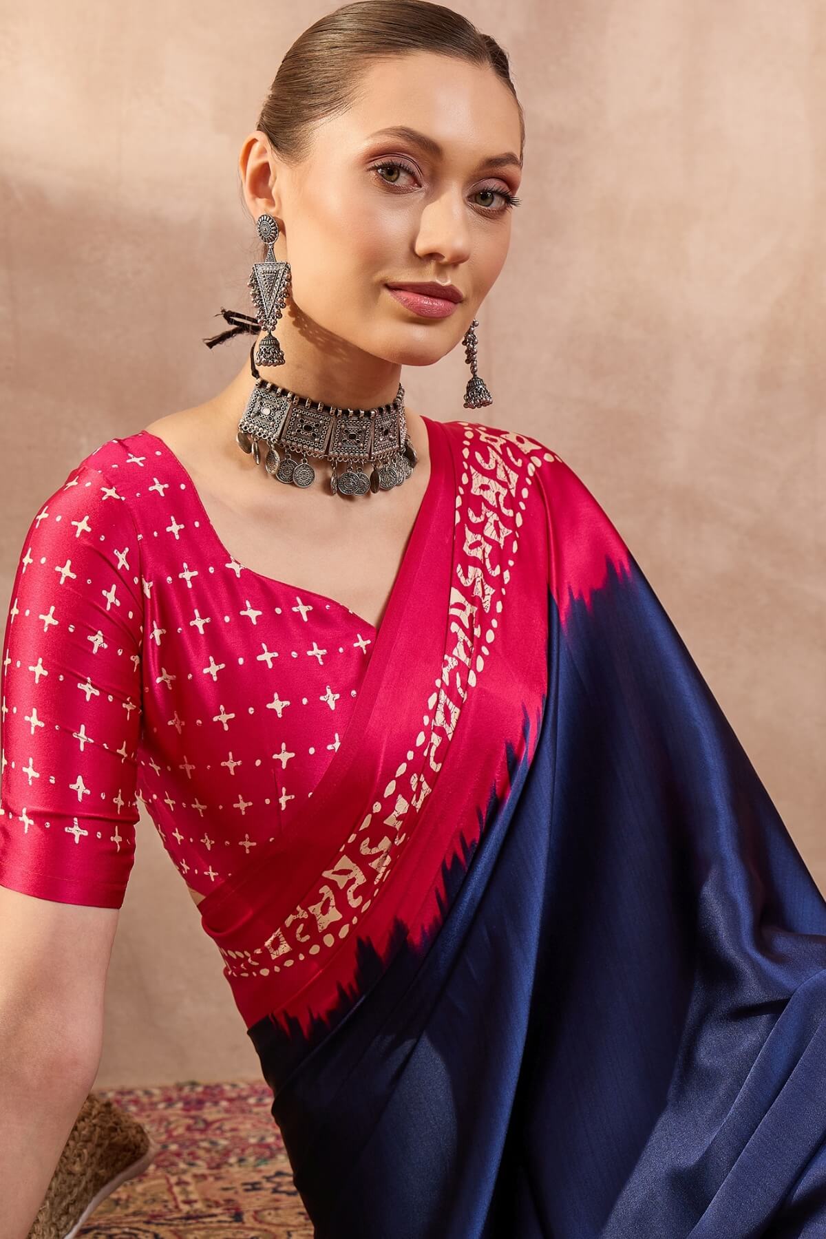 Confounding Navy Blue Ajrakh Printed Semi Modal Silk Saree With Panoply Blouse Piece