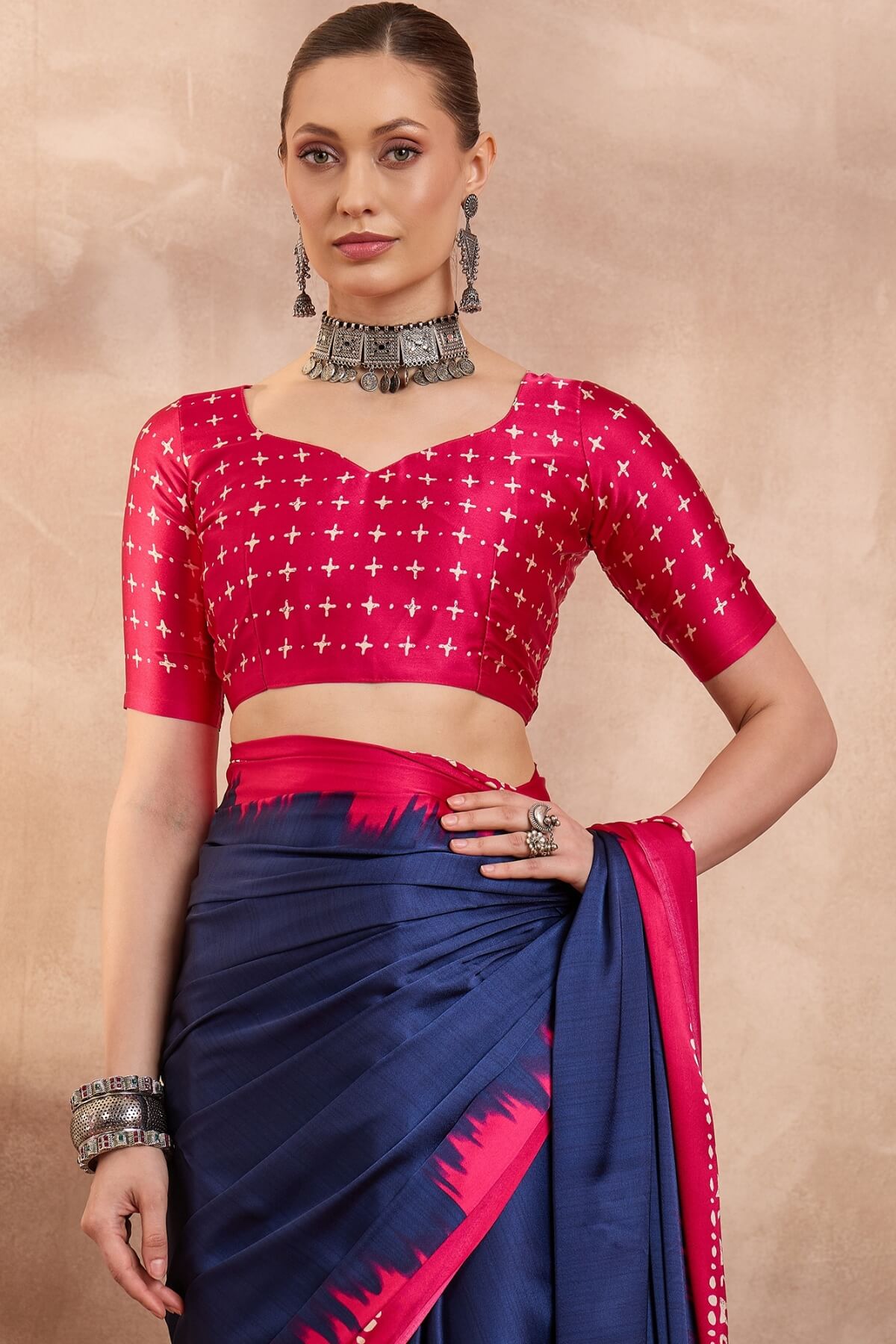 Confounding Navy Blue Ajrakh Printed Semi Modal Silk Saree With Panoply Blouse Piece