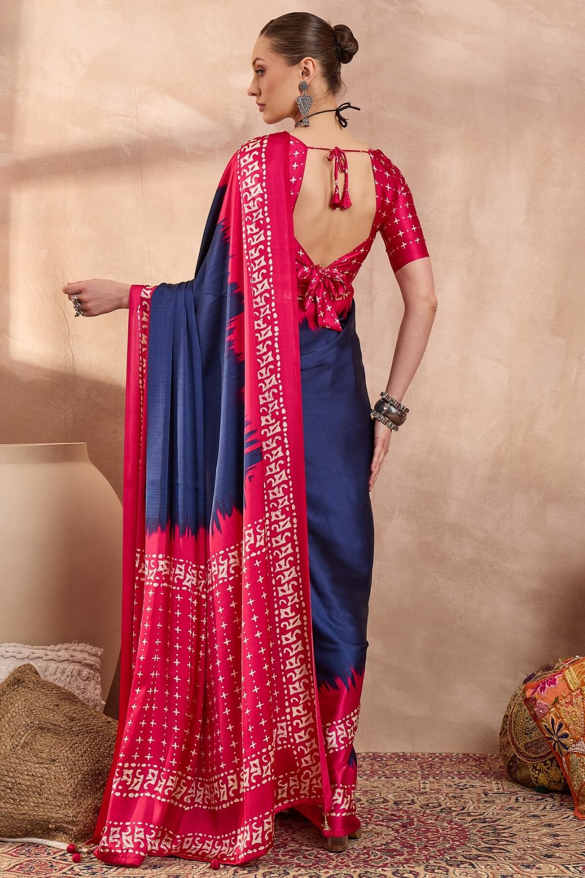 Confounding Navy Blue Ajrakh Printed Semi Modal Silk Saree With Panoply Blouse Piece