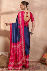 Confounding Navy Blue Ajrakh Printed Semi Modal Silk Saree With Panoply Blouse Piece