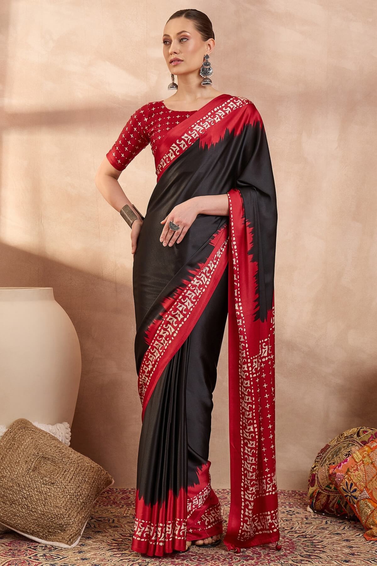 Artistic Black Ajrakh Printed Semi Modal Silk Saree With Prodigal Blouse Piece