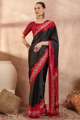 Artistic Black Ajrakh Printed Semi Modal Silk Saree With Prodigal Blouse Piece