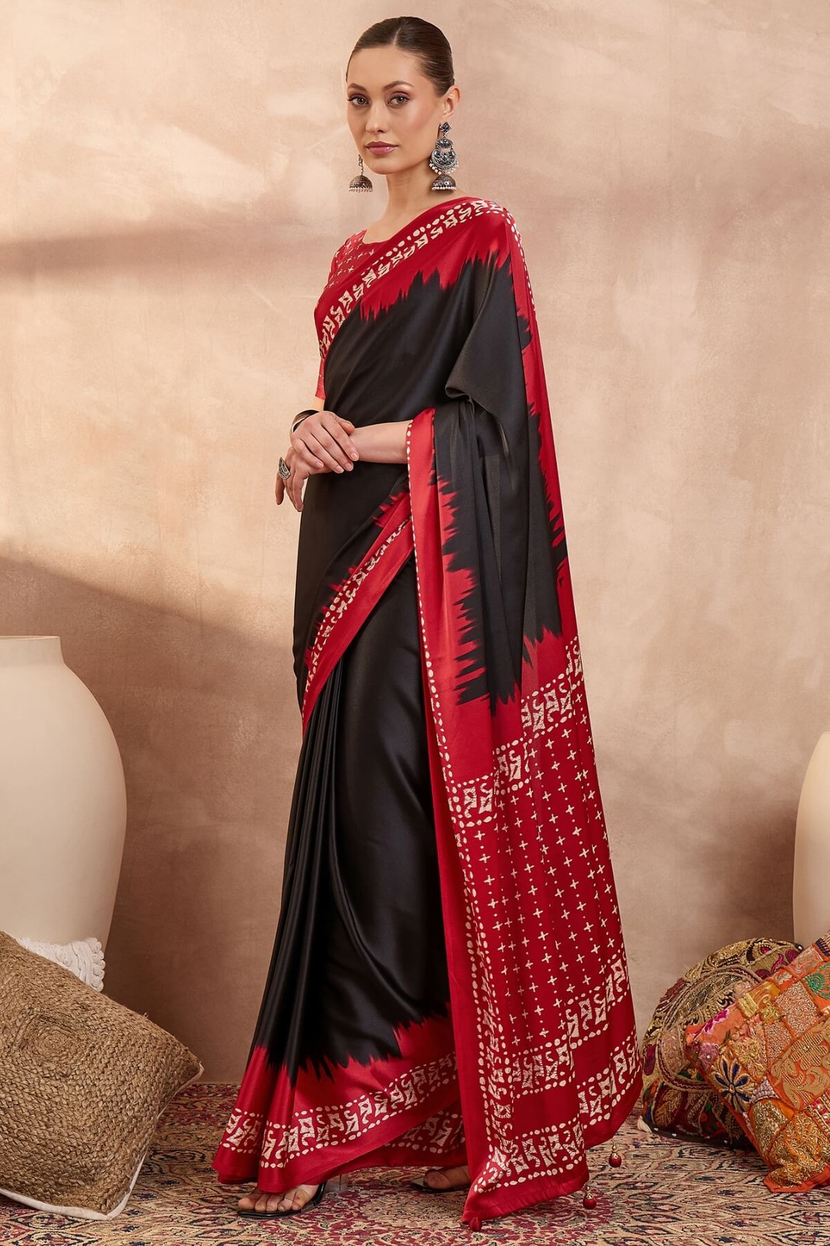 Artistic Black Ajrakh Printed Semi Modal Silk Saree With Prodigal Blouse Piece