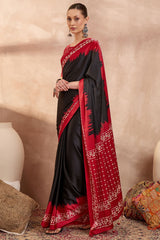 Artistic Black Ajrakh Printed Semi Modal Silk Saree With Prodigal Blouse Piece