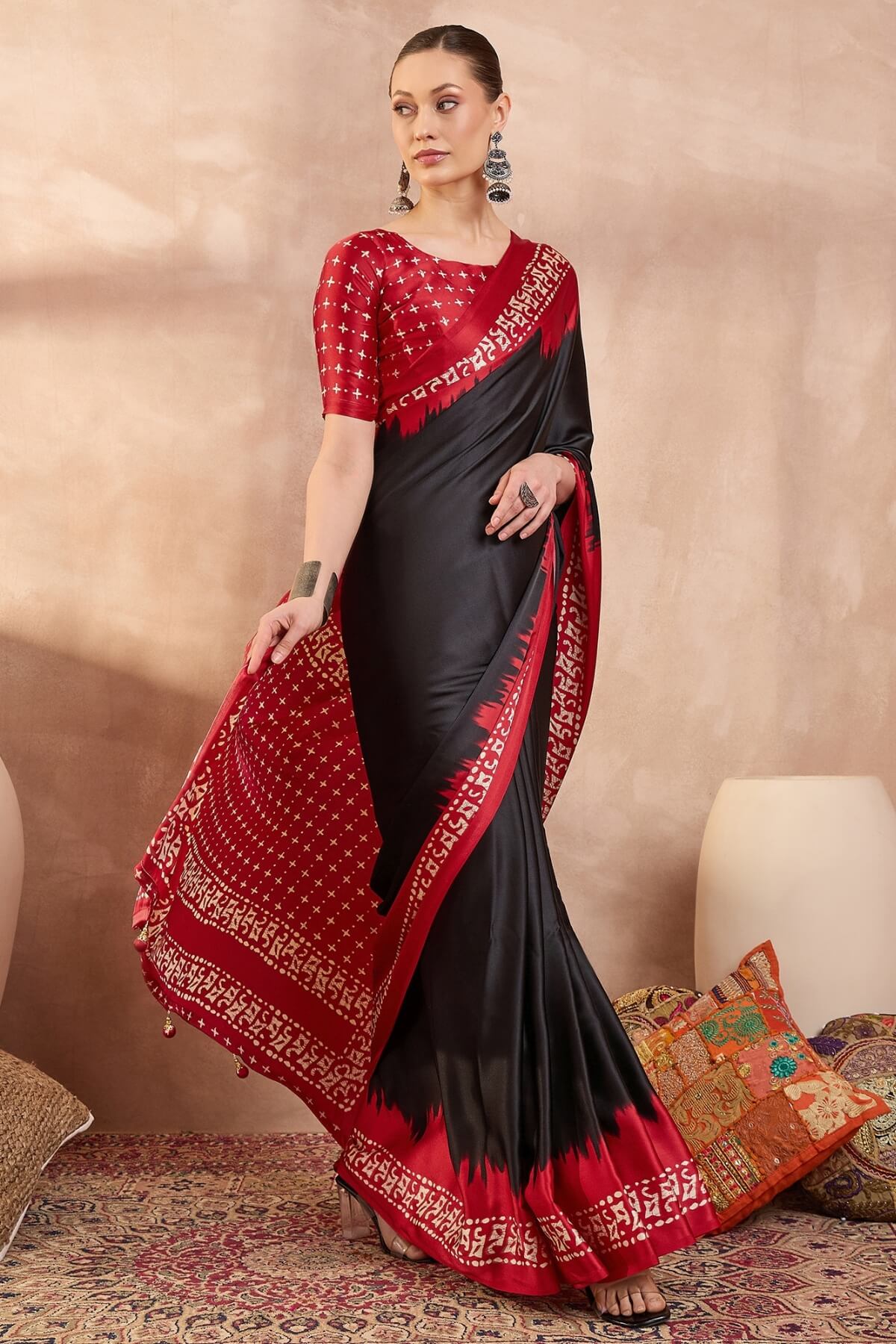 Artistic Black Ajrakh Printed Semi Modal Silk Saree With Prodigal Blouse Piece