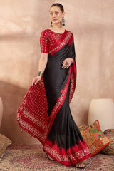 Artistic Black Ajrakh Printed Semi Modal Silk Saree With Prodigal Blouse Piece