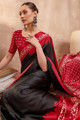 Artistic Black Ajrakh Printed Semi Modal Silk Saree With Prodigal Blouse Piece