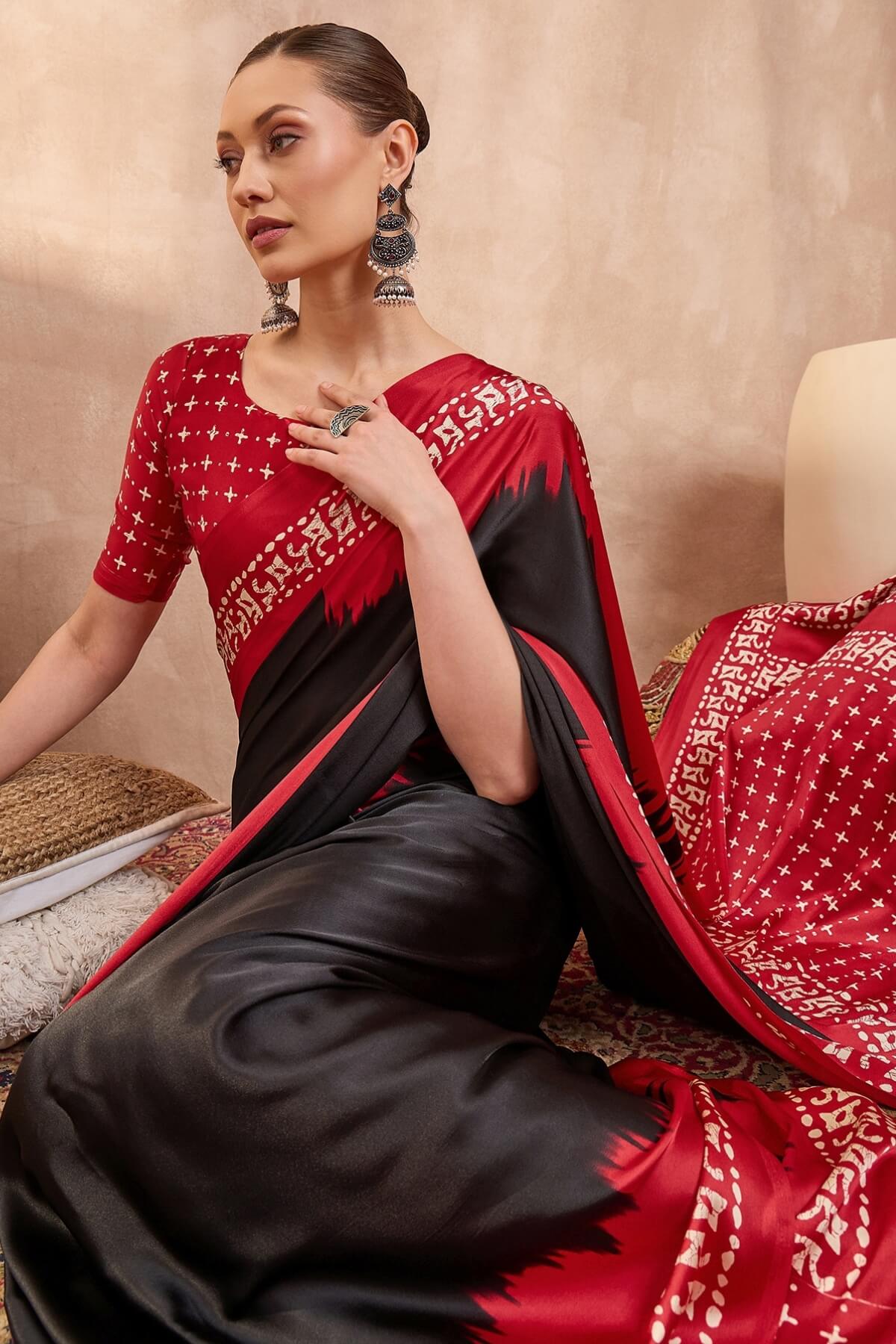 Artistic Black Ajrakh Printed Semi Modal Silk Saree With Prodigal Blouse Piece