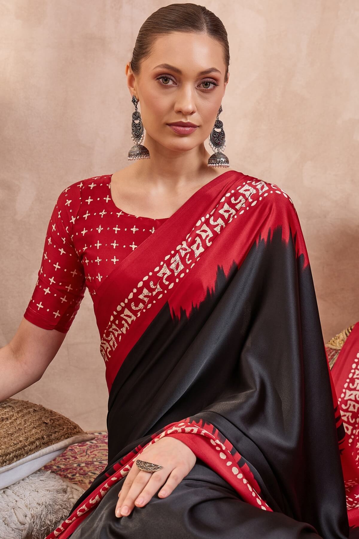 Artistic Black Ajrakh Printed Semi Modal Silk Saree With Prodigal Blouse Piece