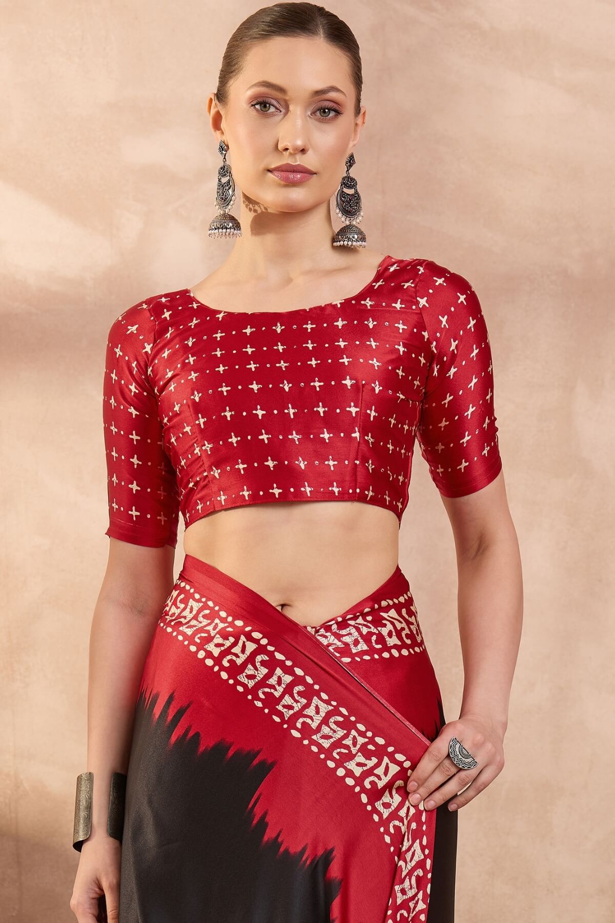 Artistic Black Ajrakh Printed Semi Modal Silk Saree With Prodigal Blouse Piece