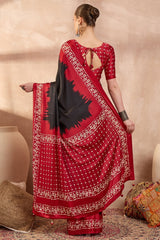 Artistic Black Ajrakh Printed Semi Modal Silk Saree With Prodigal Blouse Piece