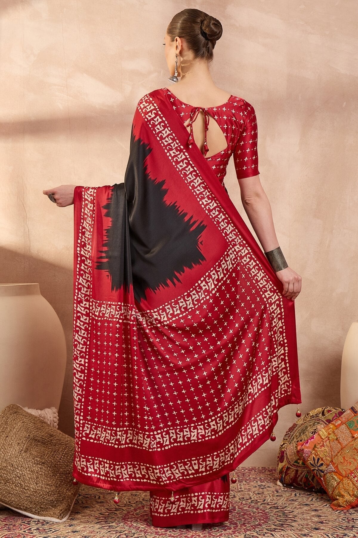 Artistic Black Ajrakh Printed Semi Modal Silk Saree With Prodigal Blouse Piece