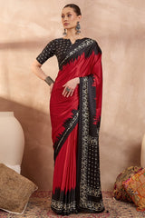 Improbable Red Ajrakh Printed Semi Modal Silk Saree With Demure Blouse Piece