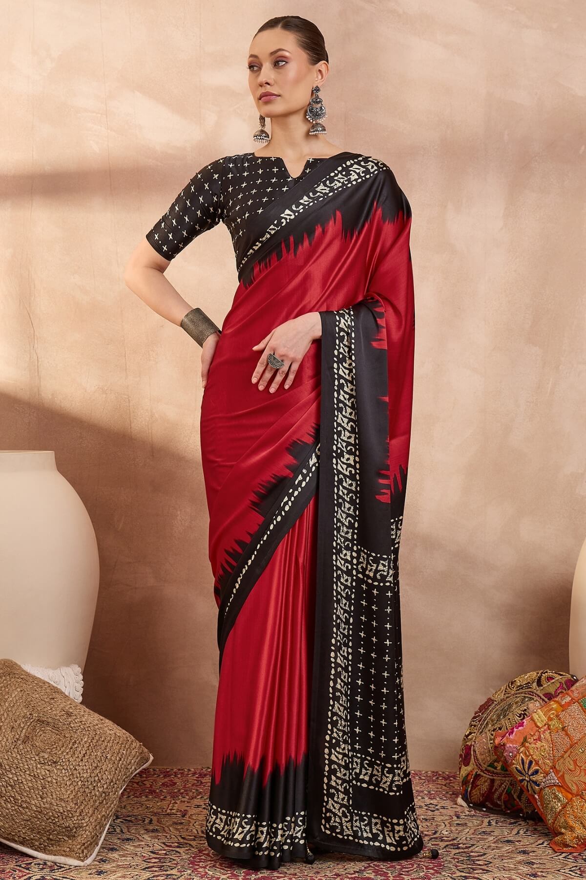 Improbable Red Ajrakh Printed Semi Modal Silk Saree With Demure Blouse Piece