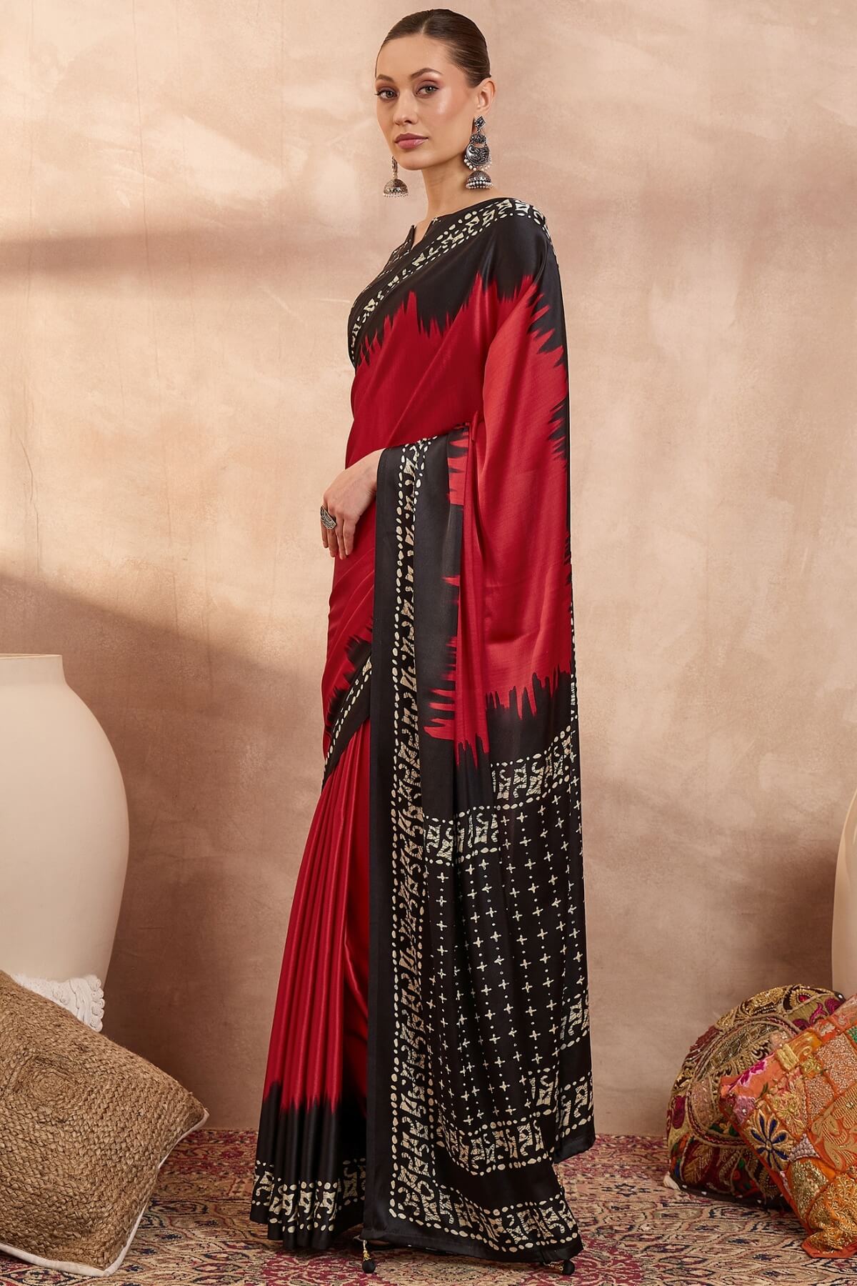Improbable Red Ajrakh Printed Semi Modal Silk Saree With Demure Blouse Piece