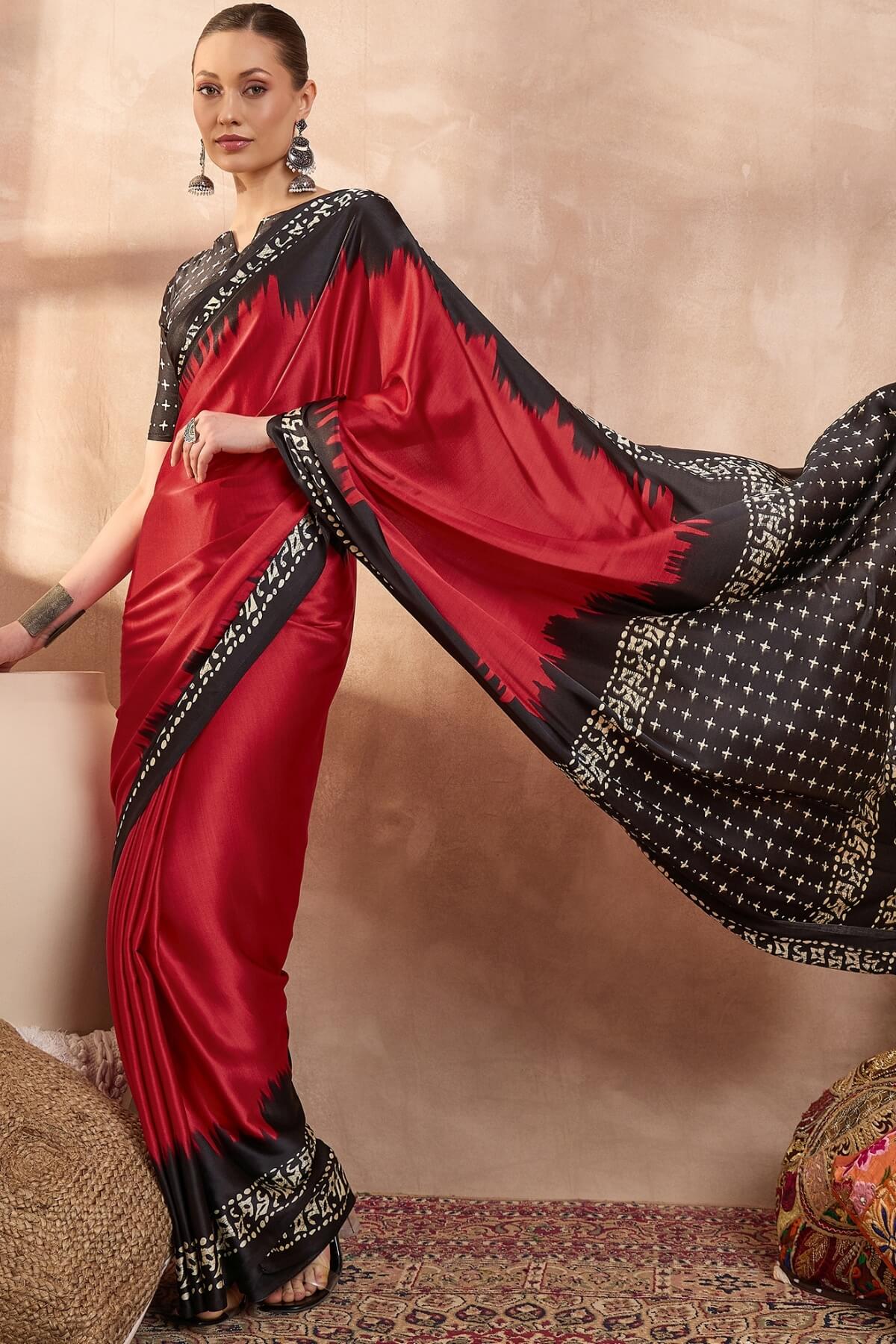 Improbable Red Ajrakh Printed Semi Modal Silk Saree With Demure Blouse Piece