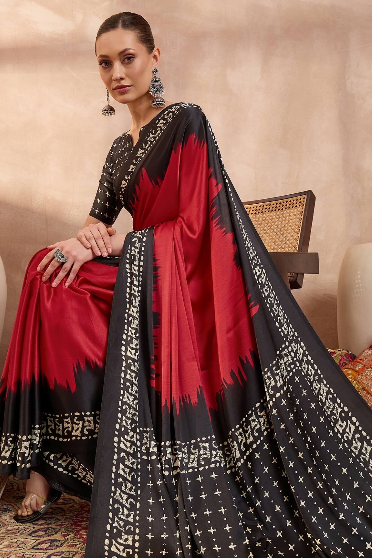 Improbable Red Ajrakh Printed Semi Modal Silk Saree With Demure Blouse Piece