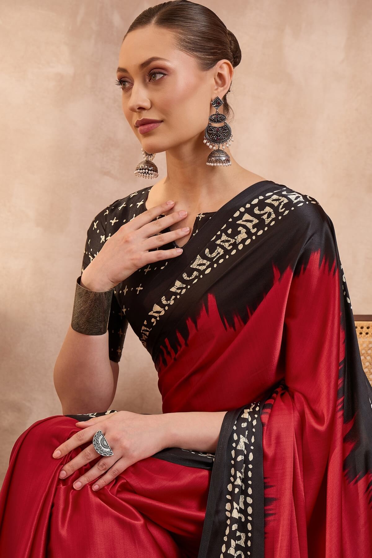 Improbable Red Ajrakh Printed Semi Modal Silk Saree With Demure Blouse Piece
