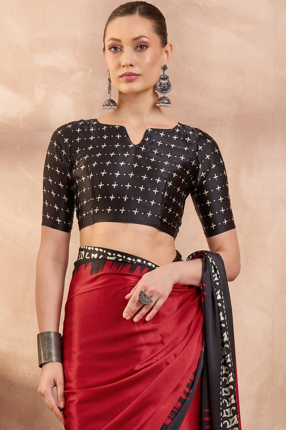 Improbable Red Ajrakh Printed Semi Modal Silk Saree With Demure Blouse Piece
