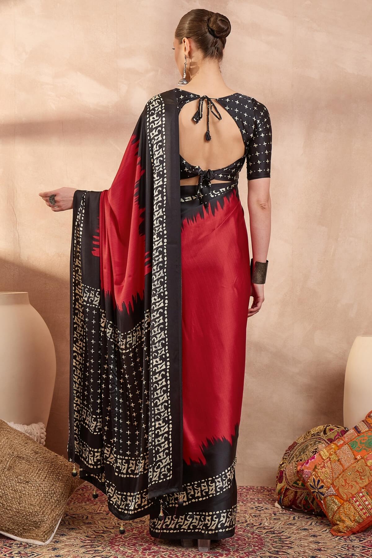 Improbable Red Ajrakh Printed Semi Modal Silk Saree With Demure Blouse Piece