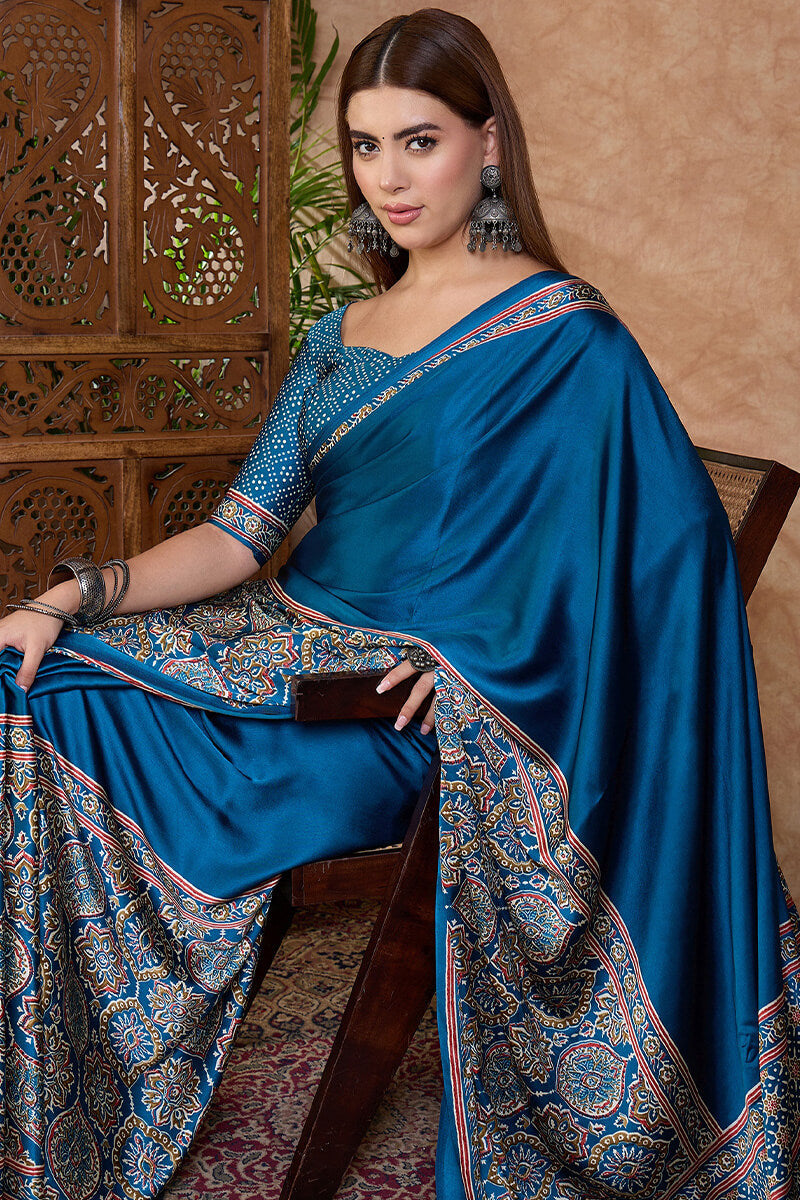 Delectable Rama Ajrakh Printed Semi Modal Silk Saree With Classic Blouse Piece